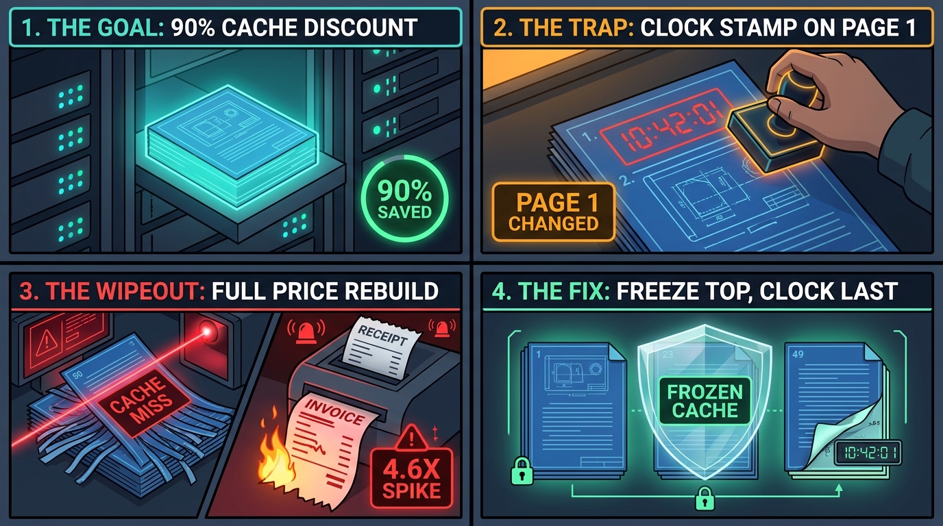 How Line-1 Timestamps Wipe Out LLM Prompt Caching vs Frozen Prefix Compilation